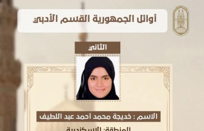 منطقة الإسكندرية الأزهرية تهنئ الطالبة خديجة محمد أحمد عبد اللطيف لحصولها على المركز الثاني على مستوى الجمهورية بالقسم الأدبي