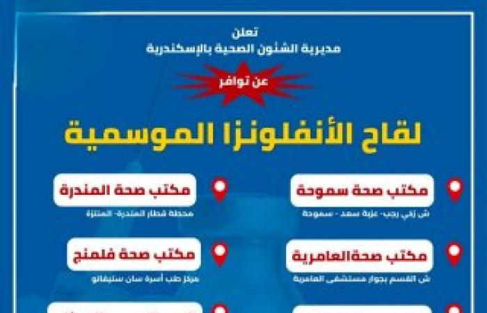 الصحة توفر لقاح الإنفلونزا الموسمية للإسكندرية.. إليك الأماكن ومواعيد التوافر