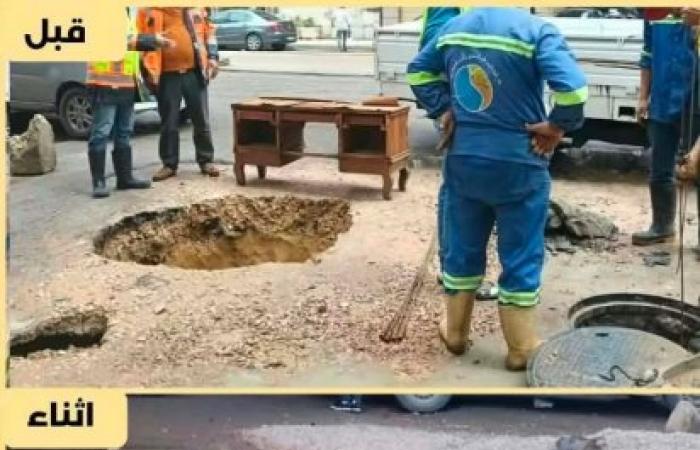 محافظة الإسكندرية تتعامل فورًا مع هبوط أرضي بشارع مجد العرب في سيدي بشر.. وتأمين الموقع وتيسير الحركة المرورية لحين إصلاح تسريب الصرف الصحي